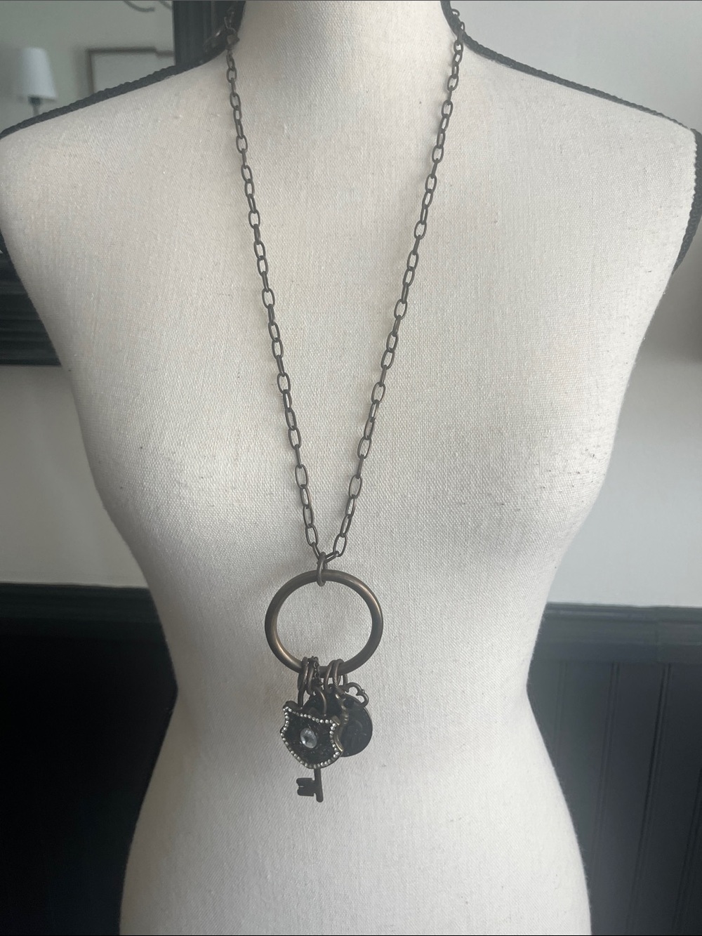 Long Antique Brass Charm Pendant Necklace with Key and Heart